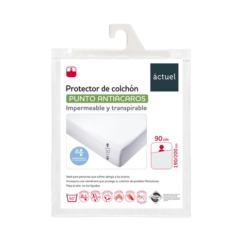 Protector colchón 90x190/200cm hasta 30cm de altura, de punto liso antiácaros, de poliuretano. ACTUEL