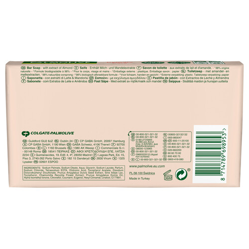 PALMOLIVE Jabón hidratante en pastilla para tocador, enriquecido con leche de almendras PALMOLIVE Naturals delicate 3 x 90 g.