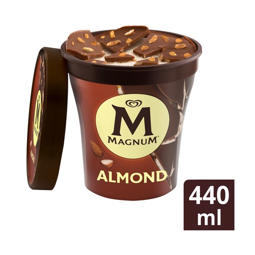 MAGNUM Tarrina de helado de vainilla, trocitos de almendras y láminas de chocolate con leche 440 ml.
