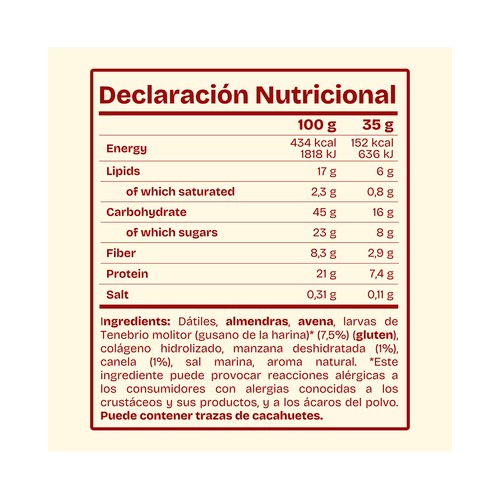 CORIAL Barrita de datiles, almendras, avena, larvas gusano de la harina, manzana y canela 35 g