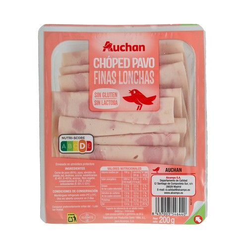 AUCHAN Chopped de pavo cortado en finas lonchas 200 g Producto Alcampo.