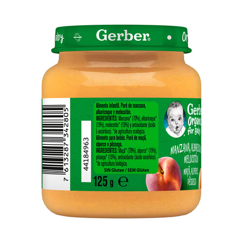GERBER Tarrito de puré de manzana, albaricoque y melocotón ecológicos, a partir de 4 meses GERBER Organic 125 g.