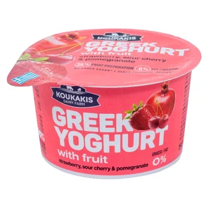 KOUKAKIS Yogur griego con trozos de fresa, cereza y zumo de granada 150 g. Sin azúcares añadidos.