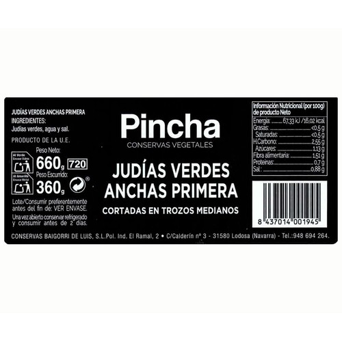 PINCHA Judías verdes anchas al natural 360 g.