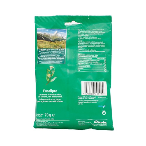 RICOLA Caramelos eucalipto con hierbas suizas, sin azúcar, 70 gr.