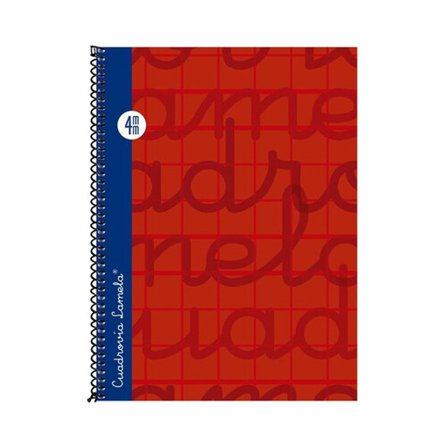 Cuaderno de espiral tamaño cuarto con 80 hojas de cuadrovía 4mm. Cubierta extra dura color rojo. EDITORIAL LAMELA.