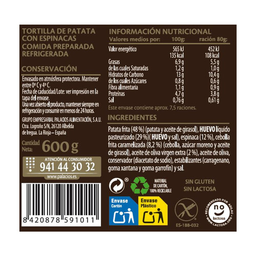 Tortilla de patata con espinacas y aceite de oliva virgen extra PALACIOS 600 g.