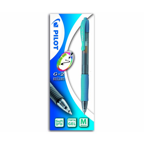 Bolígrafo grip suave, punta retráctil, tinta gel, escritura suave, color azul claro PILOT G-2.
