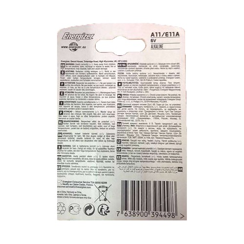 Pack de 2 pilas alcalinas A11, 6V, ENERGIZER.