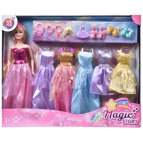 Muñeca Magic Story Princesa con 5 Outfits 14 Piezas +3 Años ONE, TWO FUN