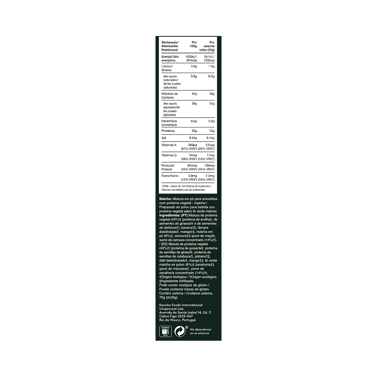 Mix de proteinas vegetales con frutas deshidratadas y sabor a matcha 2 x 35 g.