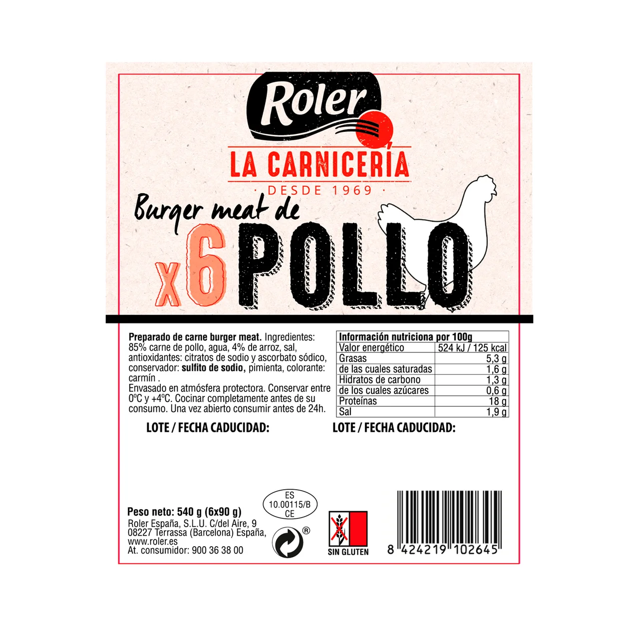 Burger meat de pollo elaboradas sin gluten 6 x 90 g.