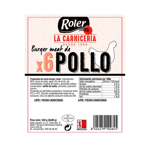 ROLER Burger meat de pollo elaboradas sin gluten 6 x 90 g.