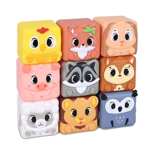 Cubos Blanditos Animales, 9 piezas juguetes para el desarrollo de la destreza y la coordinación +6 Meses ONE, TWO FUN Baby