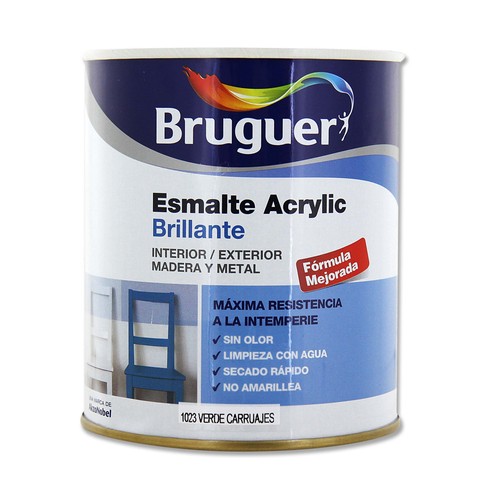 Esmalte decorativo acrílico de color verde y acabado brillante BRUGUER 0,75 litros 1 unidad.