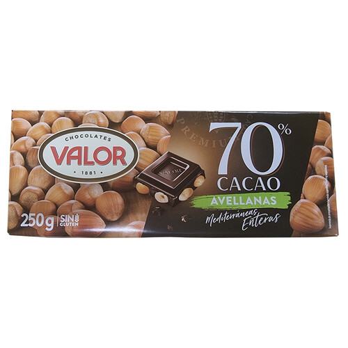 VALOR Chocolate negro con avellanas enteras 70% cacao sin gluten 250 g.