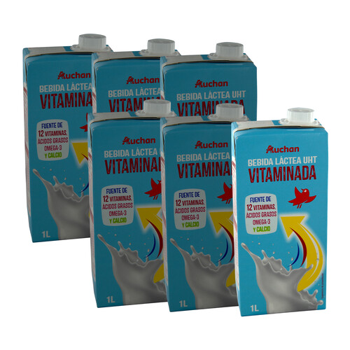 AUCHAN Bebida láctea semidesnatada, enriquecida con 12 vitaminas, Omega 3 y calcio 6 x 1 l. Producto Alcampo