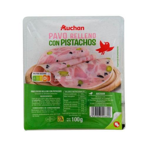 AUCHAN Pavo cocido relleno con pistachos, sin gluten y sin lactosa 100 g. Producto Alcampo