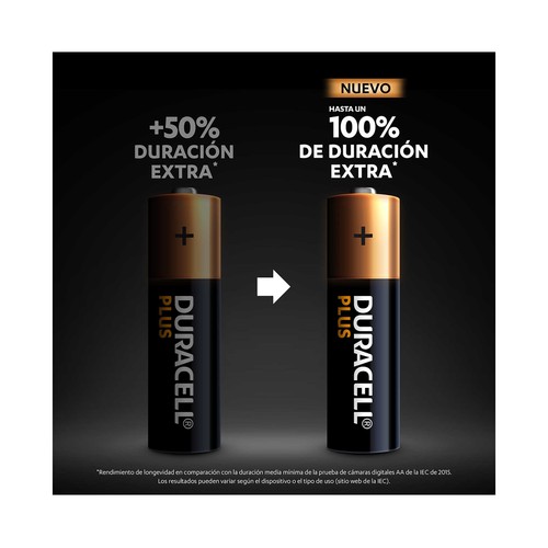 Pack de 4 pilas alcalinas AA, LR06, 1,5V, DURACELL Plus.
