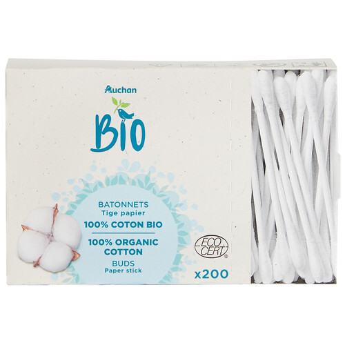 PRODUCTO ALCAMPO Bio Bastoncillos extra suaves con palo de papel, elaborados con algodón orgánico 100% 200 uds.