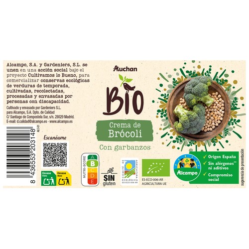 ALCAMPO CULTIVAMOS LO BUENO Bio Crema de brócoli con garbanzos ecológica bote 500 ml.