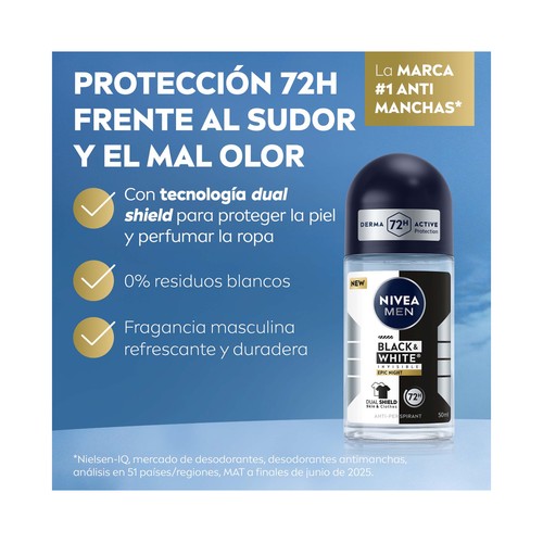 NIVEA Men black & white invisible epic night Desodorante roll on para hombre, antitranspirante 72 horas 50 ml.