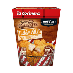 Imagen de LA COCINERA Tiras de pechuga 100% de pollo marinadas y rebozadas al estilo americano Recetas crujientes 350 g.