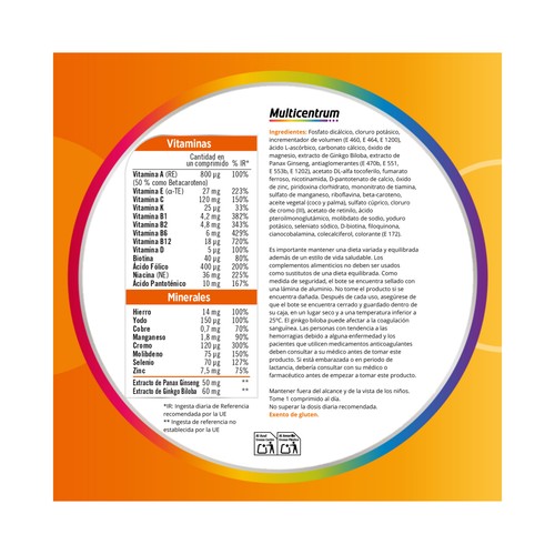 MULTICENTRUM Rendimiento plus Complemento nutricional con ginseng y ginkgo biloba 30 comprimidos.