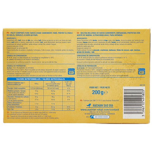 AUCHAN Bolitas prefrintas de queso Camembert empanado 200 g Producto Alcampo.