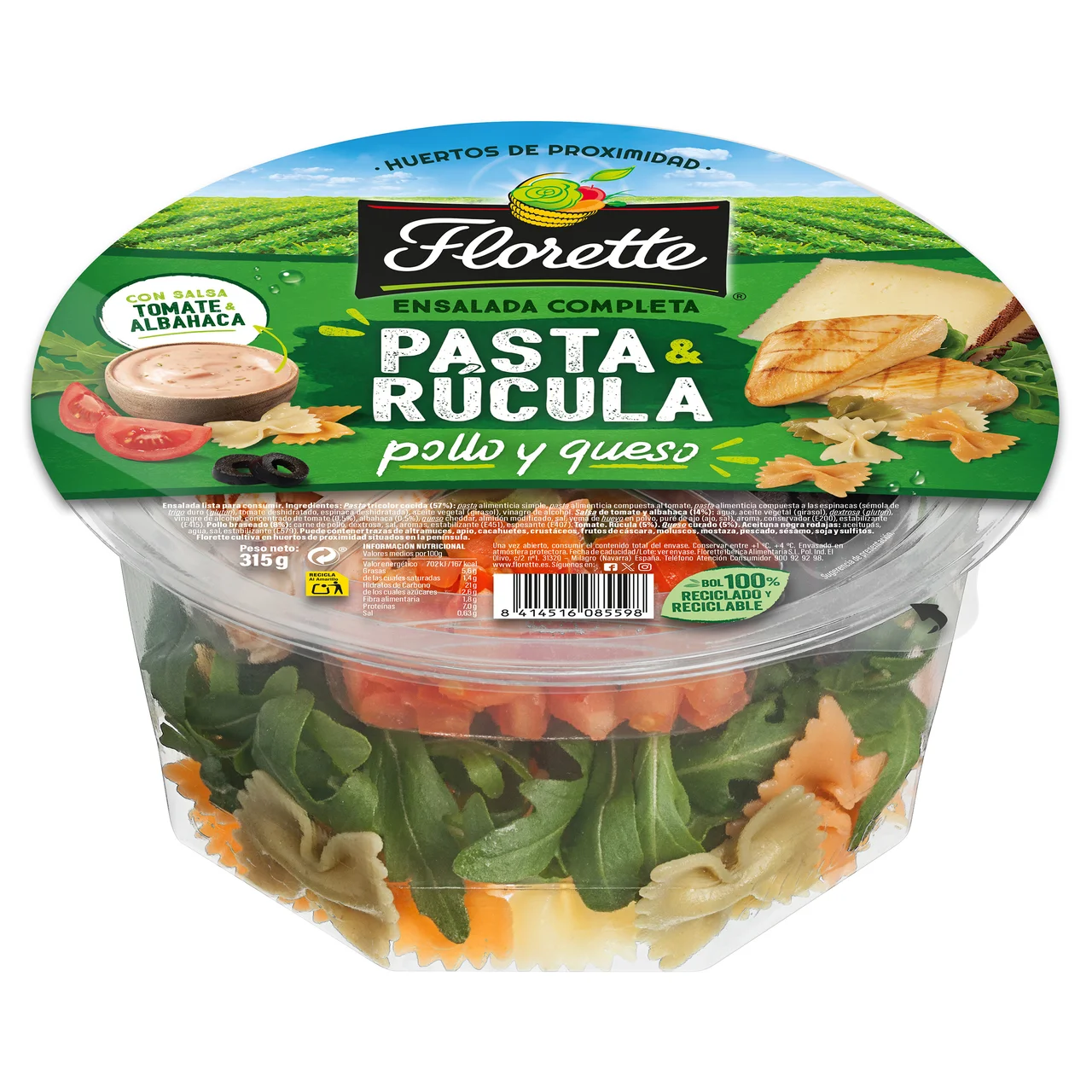 Ensalada completa de pasta, rúcula, pollo y queso 320 g.
