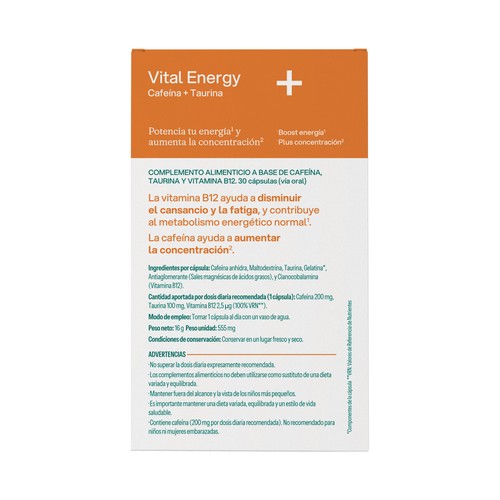 VIVE+ Vital energy Complemento alimenticio a base de cafeina, taurina y vitamina B12 30 uds.