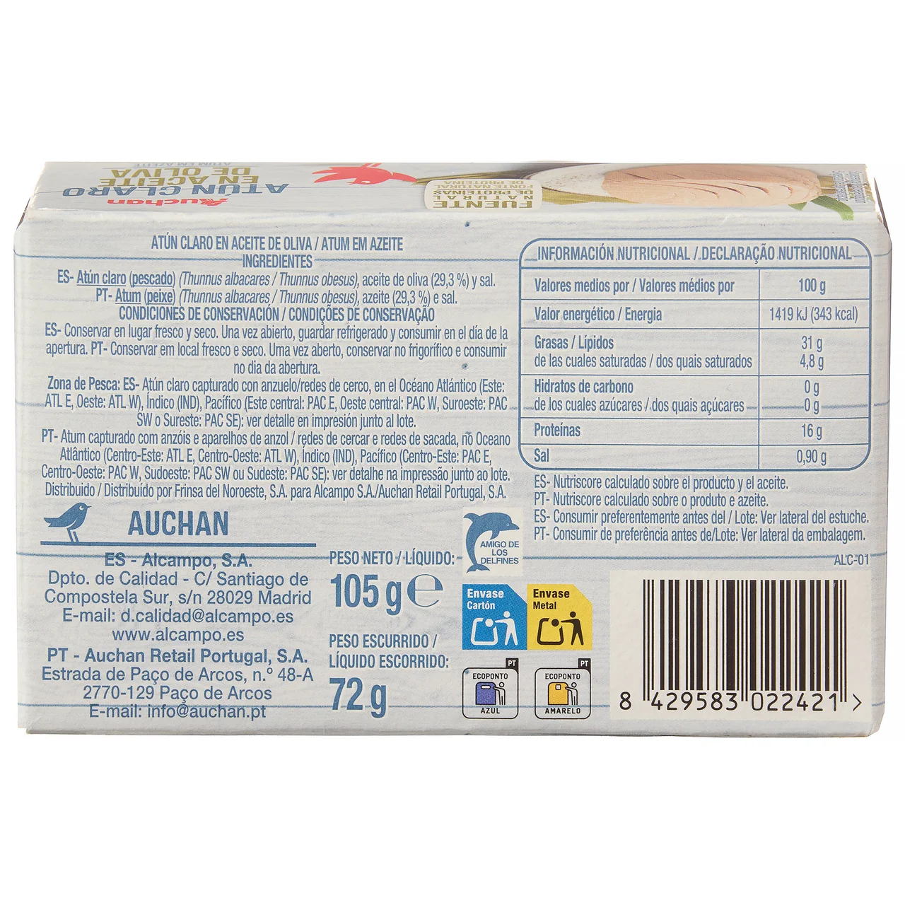 AUCHAN Atún claro en aceite de oliva - Lata de 72g.
