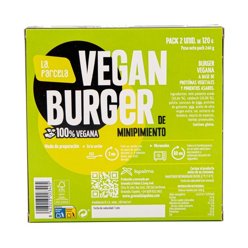 LA PARCELA Burger vegana a base de proteínas vegetales y pimientos asados LA PARCELA 2 x 120 g.