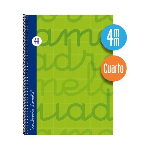 Cuaderno de espiral tamaño cuarto con 80 hojas de cuadrovía 4mm. Cubierta extra dura color verde. EDITORIAL LAMELA.