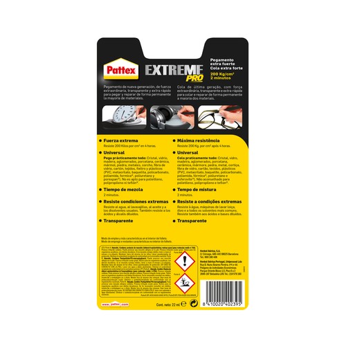 Adhesivo epoxi de 2 componentes, PATTEX Extreme pro, 2x11ml.