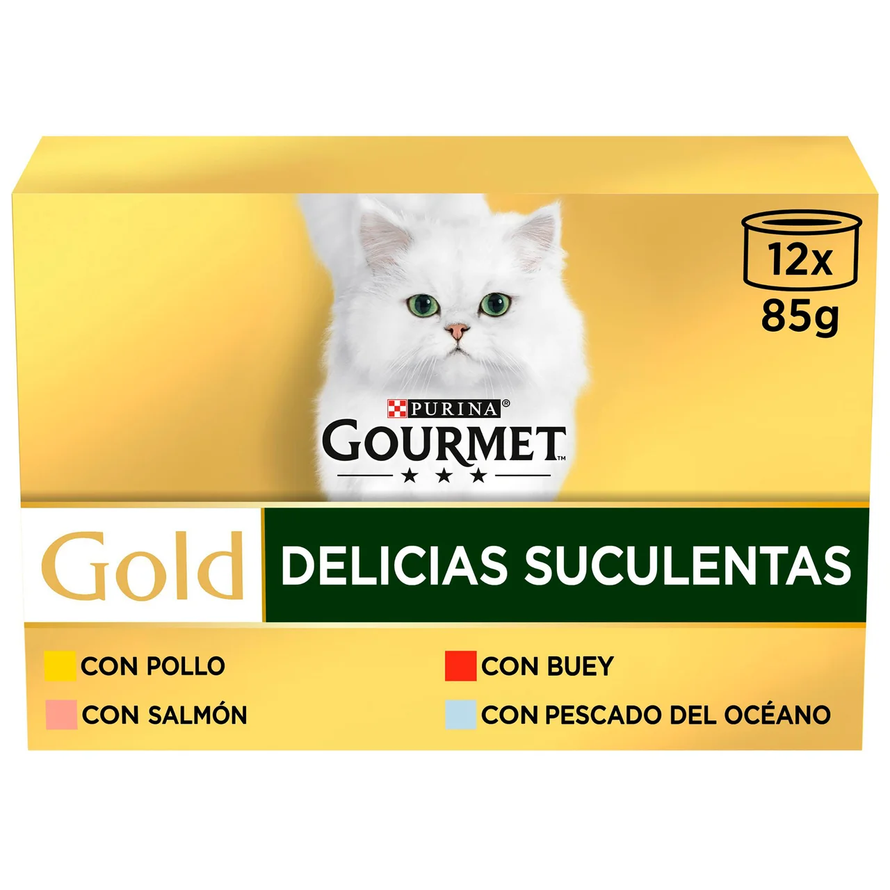 PURINA GOURMET Gold delicias suculentas Alimento húmedo para gatos con pollo (3), buey (3), salmón (3) y pescado del océano (3) 12 x 85 g