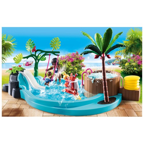 Conjunto de juego Piscina infantil con bañera hidromasaje, con accesorios y 3 figuras, 42 piezas, PLAYMOBIL FAMILY FUN 70611.
