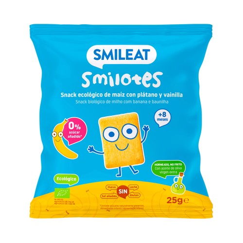SMILEAT Smilotes Snacks ecológicos de maiz con plátano y vainilla, a partir de 8 meses 25 g.