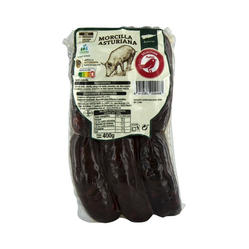 AUCHAN Morcillas Asturianas (ahumadas), elaboradas sin gluten ni derivados lacteos Selección 400 g. Producto Alcampo