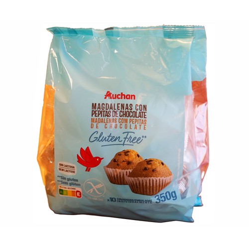 Magdalenas con pepitas de chocolate sin gluten PRODUCTO ALCAMPO 350 g.