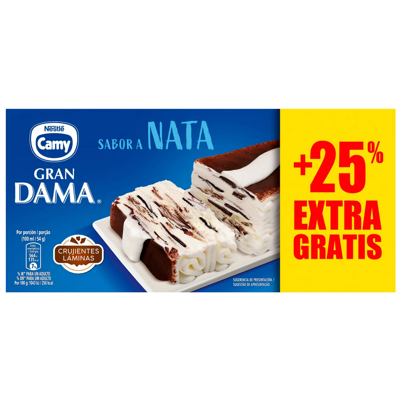 Tarta de helado de nata con laminas de crujiente chocolate, recubierta de cacao 750 ml.