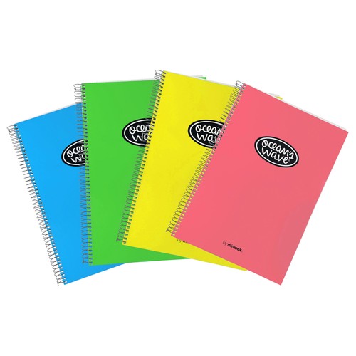 Cuaderno de espirales con tapa, tamaño A4, 80 hojas de 4 x 4, 90 gr, colores neón, OCEAN"S WAVE.