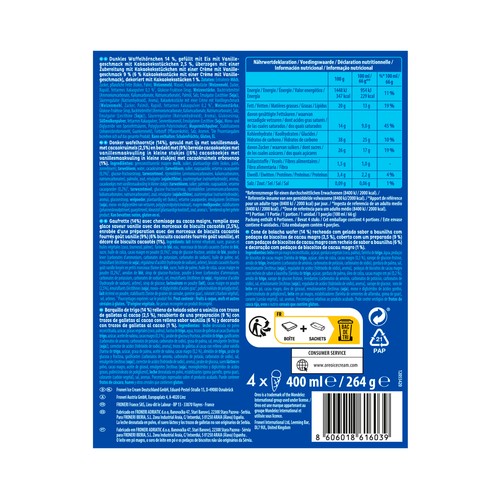 OREO Cono de helado de vainilla con trozos y recubrimientos de galletas al cacao 4 x 100 ml.