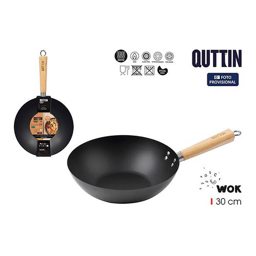 Wok de acero de 30 cm con mango de madera, QUTTIN.