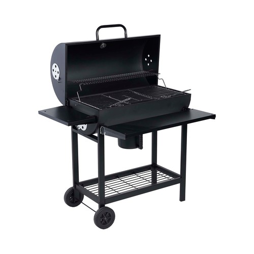 Barbacoa de carbón rectangular con ruedas y mesa lateral, 108x70x103cm GARDEN STAR ALCAMPO.