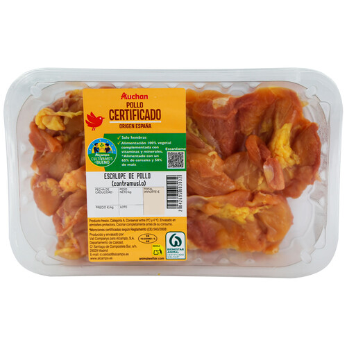 Escalopes de pollo certificado (contramuslo deshuesado) ALCAMPO PRODUCCIÓN CONTROLADA Bandeja 400 Gramos Aproximados