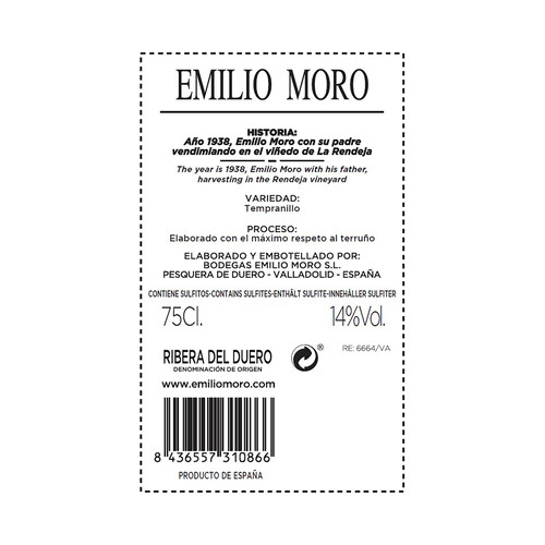 EMILIO MORO  Vino tinto con D.O. Ribera del Duero botella de 75 cl.