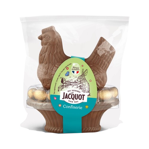 JACQUOT Gallina de chocolate con leche, con huevos de chocolate rellenos de praline 400 g.