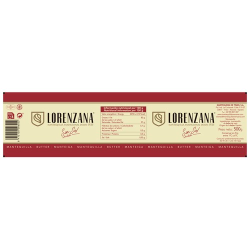 LORENZANA Lata de mantequilla tradicional sin sal añadida LORENZANA 500 g.