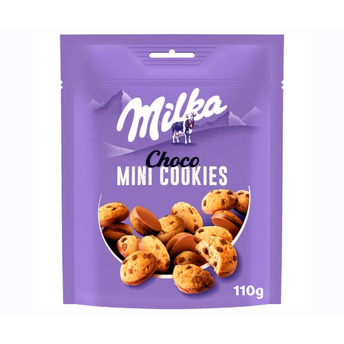 MILKA Galletas mini cookies con Pepitas de Chocolate con Leche y Cubiertas con Chocolate con Leche de los Alpes bolsa 110 g.